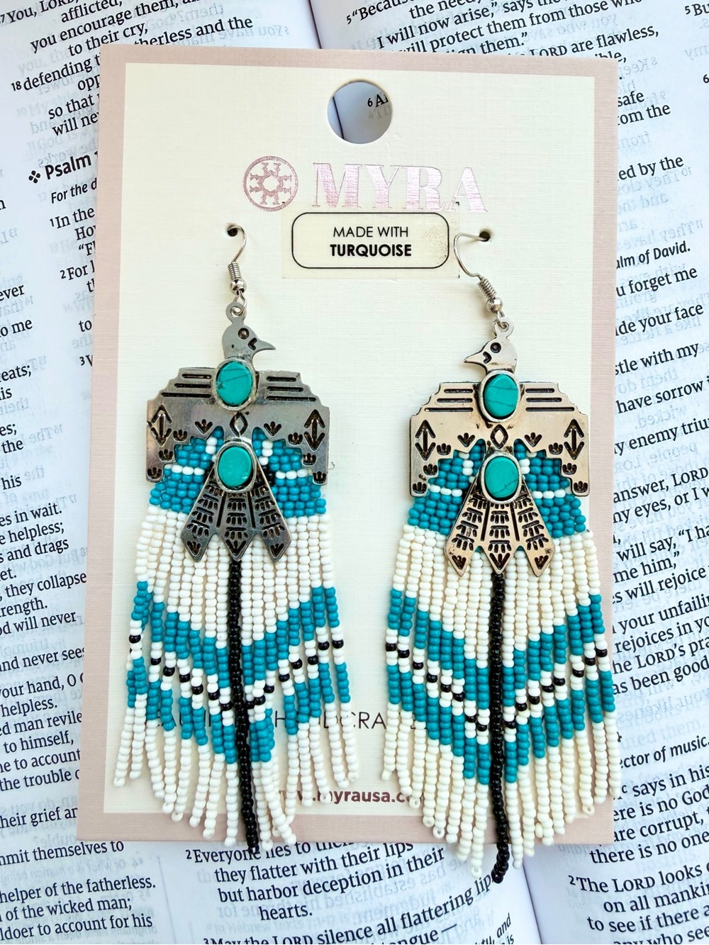 Myra Turquoise Thunderbird Beaded Fringe Earrings Western Boho